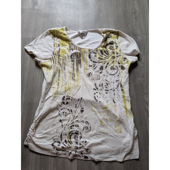 Christopher & Banks Womens XL T-Shirt Yellow & Brown Scroll Print Rhinestones - Picture 2 of 7